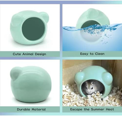 Ceramic Hamster House, Cute Animal Shaped Hamster Cave, Summer Cool Small Animal Hideout Habitat Decor for Dwarf Hamsters (Green)