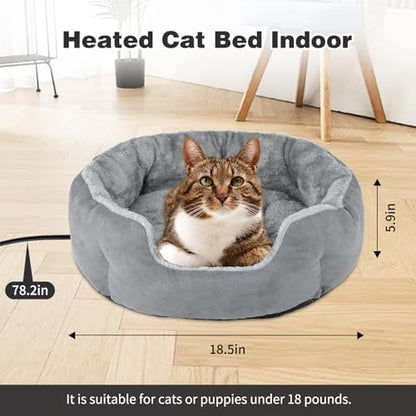 Heated Cat Bed Indoor, 18.5" Soft Heated Pet Bed for Indoor Cats with Timer and Temp Adjustable, Warming Cat Bed Heating Pad for Small to Large Cats Kitten