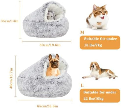 SUOXU Cat Beds for Indoor Cats,Plush Hooded Cat Cave for Puppy Kitty Small Dog Bed,Removable Washable Non-Slip Bottom Self Warming Round Fluffy Faux Fur Super Soft Calming Sleeping Pet Bed(Gray)