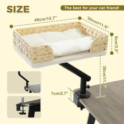 PAWZ Road Cat Desk Bed for Indoor Cats, Wicker Cat Bed for Desk Supports Up to 50 lbs, 360° Rotation & Adjustable Soft Plush Cats Hammock for Desktop, White