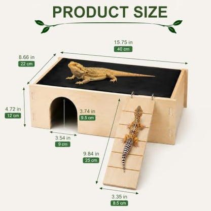 2-in-1 Reptile Basking Platform with Slate Rock Surface and Removable Climbing Ladder, Bearded Dragon Hideout Cave and Sunbathing Ledge for Leopard Geckos, Lizards, Small Snakes, Tortoises