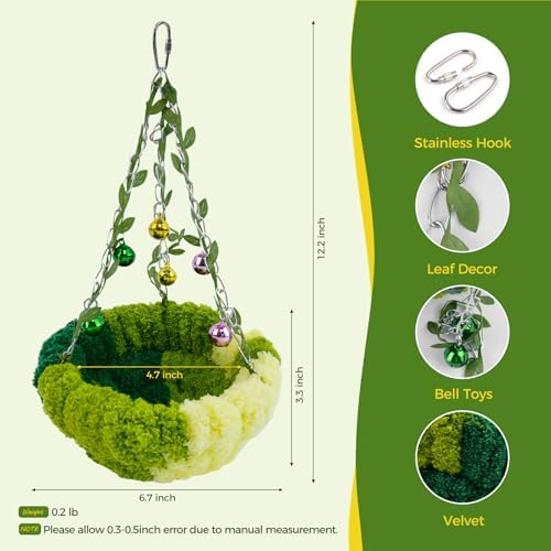 Admaison Bird Nest with Bell for Cage,Plush Hanging Bird Bed for Parakeet Indoor & Outdoor,Breeding Bird House for Conure,Budgie,Cockatiel,Lovebird,Canary,Finch,Hamster,Small Pets,Warm Nest,Green L