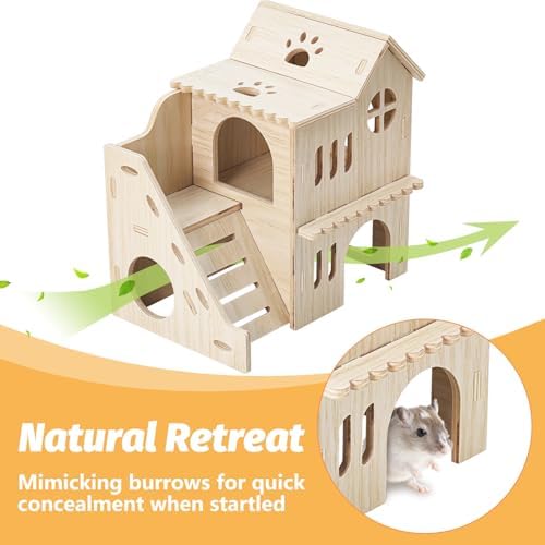 BNOSDM Wooden Hamster Hideout House Gerbil Toy with Balcony & Seesaw