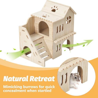 BNOSDM Wooden Hamster Hideout House Gerbil Toy with Balcony & Seesaw
