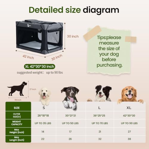 Portable Collapsible Soft Dog Crate for Extra Large Dogs, 42in Black