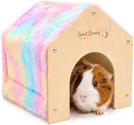 Guinea Pig Hideout House, Tie Dye Plush Small Animal Hideaway Shelter with Wooden Frame, Cozy Pet Bed for Guinea Pigs, Hamsters, Hedgehogs, Chinchillas, Rats and Small Pets