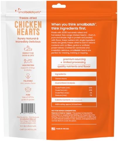 smallbatch Freeze Dried Chicken Heart Treats for Dogs & Cats, 14oz Bulk Bag