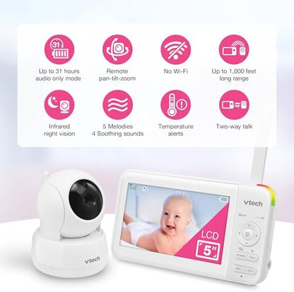 VTech Baby Monitor No WiFi– See Every Corner of the Nursery, Remote Pan-Tilt-Zoom, Hack-Proof, 5" Screen, 17Hr Battery, 1000ft Range, Night Vision, Temperature Sensor | 924W
