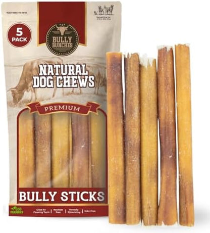 Bully Bunches Premium (6" Standard - 5 Pack) Odor-Free Bully Sticks for Small to Medium Dogs & Puppies - Consistently Sized, Long Lasting Chews for Oral Care - All Natural, 100% Beef Dog Treats