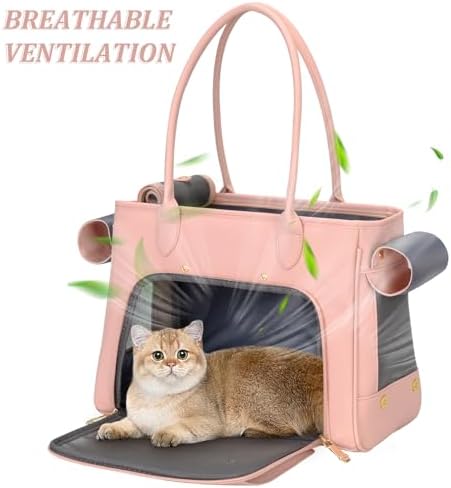 Minsong Fashion Pet Carrier Purse for Small Cat and Dog, Luxury Pu Soft-Sided Tote Bag with Large Pockets for Dogs and Puppies (Pink, 15.8" L x 7.5" W x 11.8" H)