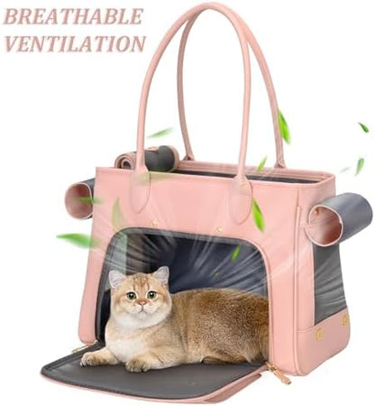 Minsong Fashion Pet Carrier Purse for Small Cat and Dog, Luxury Pu Soft-Sided Tote Bag with Large Pockets for Dogs and Puppies (Pink, 15.8" L x 7.5" W x 11.8" H)