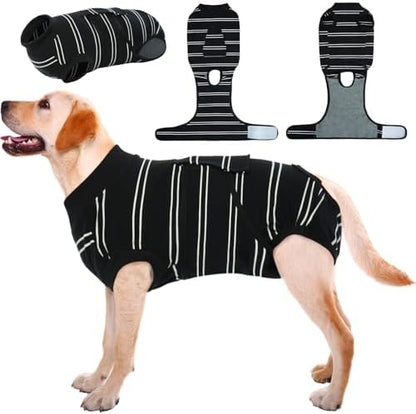 Kuoser Dog Surgery Recovery Suit, Soft Breathable Dog Recovery Suit for Female Spay Male Nueuter, Anti Licking Puppy Onesie Pet Surgical Suit for Dogs Abdominal Wounds Skin Disease, Black Strips XL