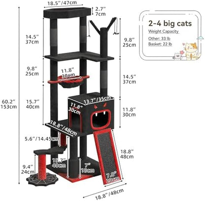 YITAHOME Gothic Cat Tree with Coffin Bed, 60" Tall Cat Tower for Indoor Cats with Top Perch, Spacious Cat Condos, Spider Hanging Balls,Comfy Basket, Scratching Post and Ladder, Black Halloween