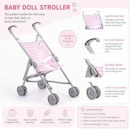 JC Toys Boutique | Folding Umbrella Doll Stroller for Children 2 Years Plus, Pink Stripes and Soft Embroidery | Sturdy Metal Frame | Pretend Play with Dolls up to 18” Long | Seat Belt