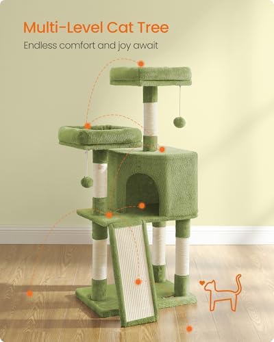 Feandrea Cat Tree, 45.3-Inch Cute Cat Tower, Plush Climbing Condo, Green