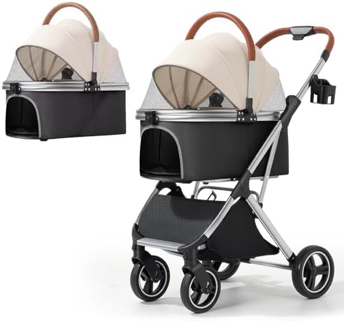 Dog Strollers for Small Medium Dogs Cats 44 lbs,3-in-1 Detachable Pet Carrier Stroller,4 Wheels One-Hand Fold Travel Carriage with Storage Basket,Pet Pad,Cup Holder,Khaki