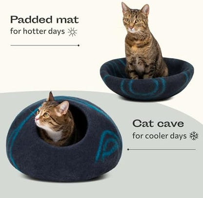 MEOWFIA Cat Cave - Merino Wool Bed for Indoor Cats (Back Aqua, Medium)
