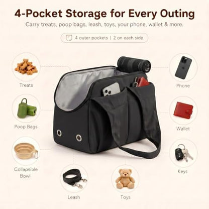 Fashion Dog Purse Carrier for Small Dogs and Cats, Soft-Sided Puppy Tote Bag Under 15 lbs, Lightweight Pet Carrier with 4 Pockets, Smart Zipper Lock, Pet Travel Bag for Travel Outdoor(Black)