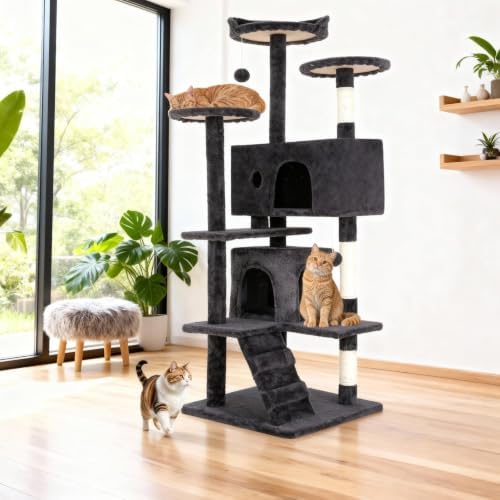 BestOffice 54" Cat Tree with Toy, Multi-Level Cat Tower Indoor Dark Gray