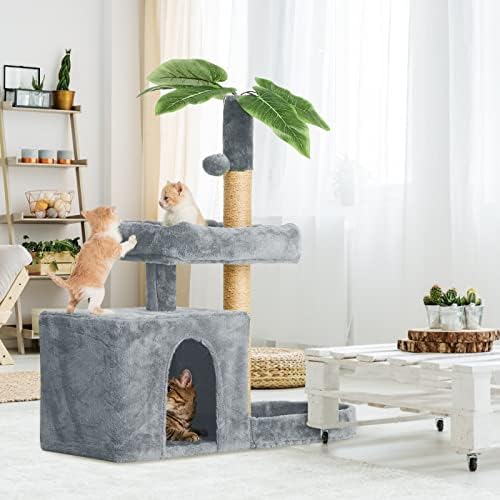 31.5inch Small Cat Tree Tower Condo for Indoor Cats, Soft Plush Multi-Level Climbing Tree Cat House with Cat Cave, Scratching Post, Sisal Rope, Grey