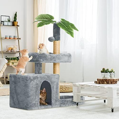 31.5inch Small Cat Tree Tower Condo for Indoor Cats, Soft Plush Multi-Level Climbing Tree Cat House with Cat Cave, Scratching Post, Sisal Rope, Grey