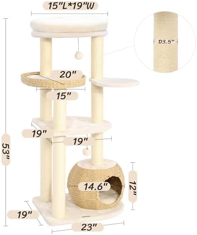 KAMABOKO Modern Cat Tree, 53" Tall Cat Trees for Indoor Cats w/Natural Sisal Scratching Posts, Hand-Woven Condo & Top Perch, Cat Tree for Kittens Climb Play & Rest