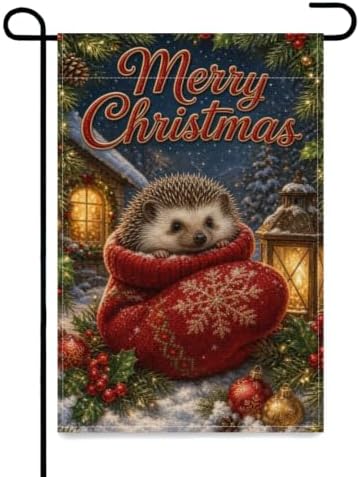 Christmas Hedgehog Garden Flag 12x18 Inch Merry Holiday Red Stocking Lantern Ornaments Holly Snowy Woodland Rustic Outdoor Yard Lawn Porch Double Sided Banner Welcome Decor