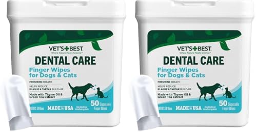 Vet's Best Finger Dental Wipes for Dogs & Cats–Oral Care Wipes for Teeth Cleaning, Fresh Breath, and Tartar Control – Gentle Finger Pads for Pet Dental Hygiene and Plaque Removal,50 Count(Pack of 2)