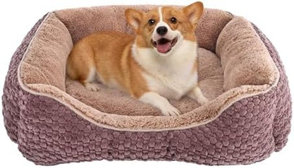 Plush Dog Bed Medium, Brown, Machine Washable, Dog Beds Sofa with Pillow Support, 25x21Inch, Corn Kernel Design, Non-Slip Bottom, Thick PP Cotton Padding