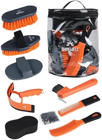Shinewell Horse Grooming Kit, Complete Horse Brush Set, Equine Grooming Tools for Shedding & Daily Care Orange