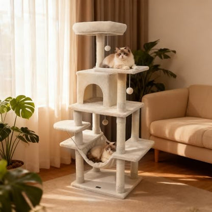 DORTALA Cat Tree for Indoor Cats, 58" Tall Cat Tower with Top Perch, Condo, Hammock, Sisal Scratching Posts, 3 Dangling Balls, Platforms, Multi-Level Pet Climbing Furniture Playground (Beige)