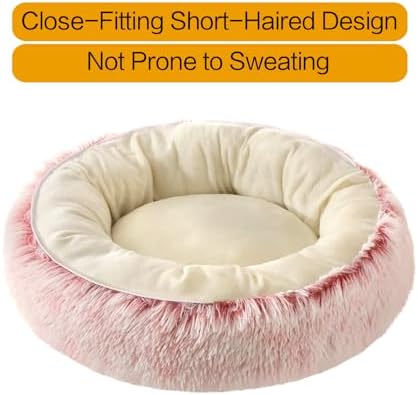 Calming Donut Pet Bed, Fluffy Long Fur Outer & Short Fur Inner, Sweat-Free & Cozy, Non-Slip Bottom, for Small Medium Dogs, Cats, Puppies & Kittens (Pink, 23.6 in)