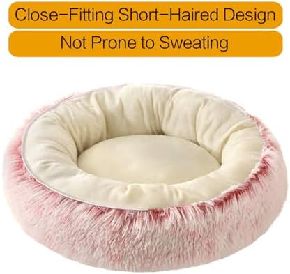 Calming Donut Pet Bed, Fluffy Long Fur Outer & Short Fur Inner, Sweat-Free & Cozy, Non-Slip Bottom, for Small Medium Dogs, Cats, Puppies & Kittens (Pink, 23.6 in)