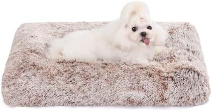 Bedfolks Waterproof Dog Crate Bed, Plush Dog Kennel Pad with Removable Washable Cover, Faux Fur, 17"x12", Brown