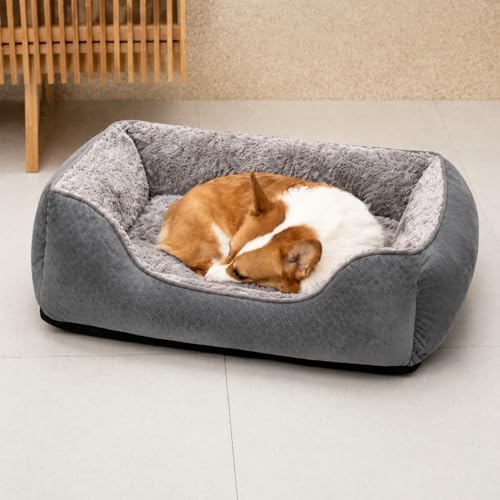 Dog Bed Medium, Super Soft Rectangle Dog Beds, Washable Warming Pet Bed with Anti-Slip Bottom, Anti-Anxiety, Grey, 25 x 21 x 8inch