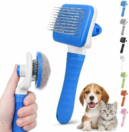 Generic Pet Grooming Brush, Blue - Self Cleaning Hair Brush for Dogs and Cats, Removes Loose Undercoat, Bristles with Massage Particles, Ergonomic Handle, For Long or Short Hair Breeds