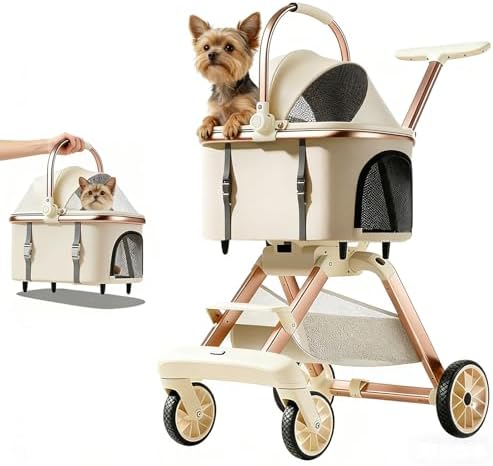 All-Terrain Pet Stroller for Small Medium Dogs & Cats, 20 lbs Capacity - Portable Carrier with One-Touch Brake, Lightweight Foldable Design & Shock Absorption Wheels,Khaki