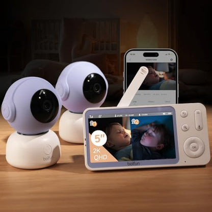 BOIFUN 2K Baby Monitor with 2 Cameras,Smartphone App, Wi-Fi Cameras,Split Screen, 5-inch Display, Motion Tracking, Encrypted Connection, Night Vision, 2-Way Talk, Temp Sensor