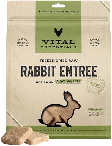 Vital Essentials Freeze Dried Cat Food, Rabbit Mini Patties, 15 oz Bag