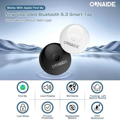 OUNAIDE Air-Tags-2 Pack, Smart Air Tracker Tag, Bluetooth Tracker for Apple Find My (iOS Only), Waterproof Key Finder Tracking Device for Kids Keys Luggage Bags Wallets Pets and More - Black&White