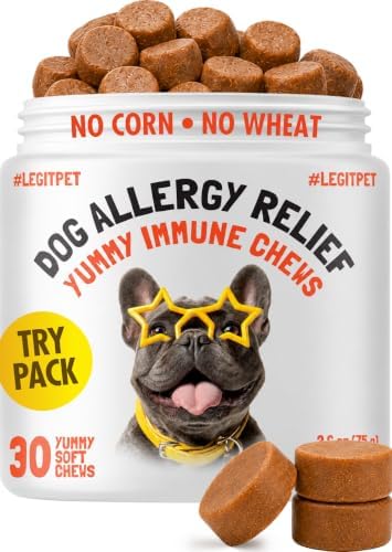 Allergy Relief Chews for Dogs & Immune & Digestive Supplement with Wild Salmon Oil Kelp Colostrum Turmeric Probiotics & Bee Pollen for Seasonal Allergies Anti Itch, Skin Hot Spots 30 Soft Treats