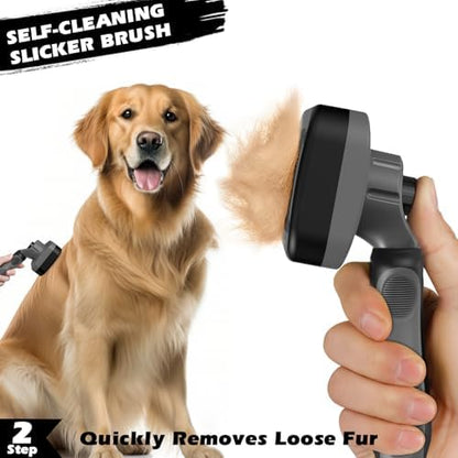 Professional 3PCS Self Cleaning Slicker Brush & Pet Grooming Rake & Flea Comb for Dogs,Cats and Horses | Double-Sided Dematting Comb & Skin Friendly Deshedding Grooming Tool | Pet Supplies (Grey)