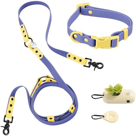 WLK1004C-5SET Luna Small 8FT Adjustable 6-in-1 Waterproof Hands-Free Leash and Collar with LED Flashlight, Bag Dispenser, and Poop Bag Holder, Curaçao