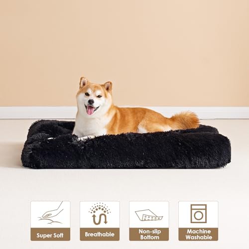 EHEYCIGA Fluffy Dog Crate Bed for Large Dogs, Plush Faux Fur Pad, Black