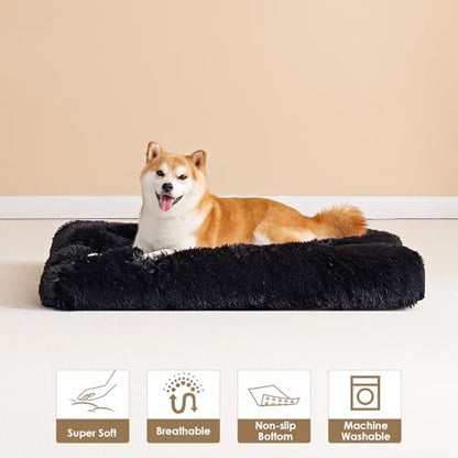 EHEYCIGA Fluffy Dog Crate Bed for Large Dogs, Plush Faux Fur Pad, Black