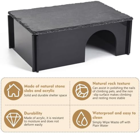 Black Acrylic Bearded Dragon Basking Platform Snake Hide with Slate Rock