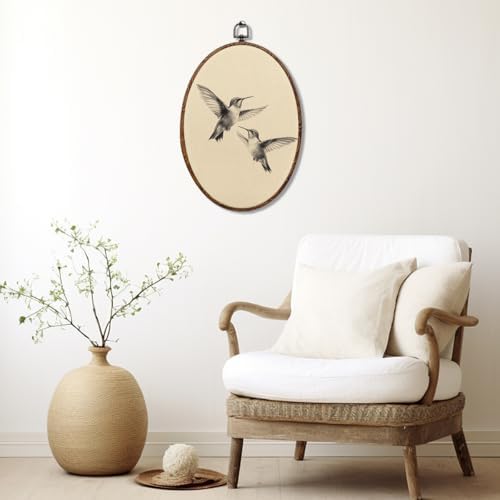 Vintage Hummingbird Oval Framed Wall Art, Cute Two Birds Canvas Art Wall Decor，Cottage Hummingbird Hanging Decor Painting Artwork for Farmhouse Hallway Bathroom Living Room Decoration 8.3x12inch