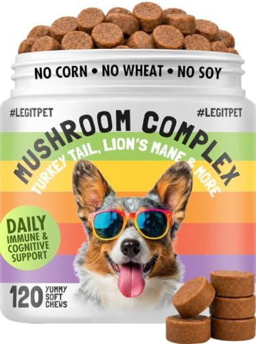 Mushroom Complex Treats for Dogs with Reishi, Shiitake, and Turkey Tail Mushrooms for Cognition and Immune Boosting Supports Digestive Health and Reduces Inflammation DHA EPA Turmeric Kelp (120pcs)