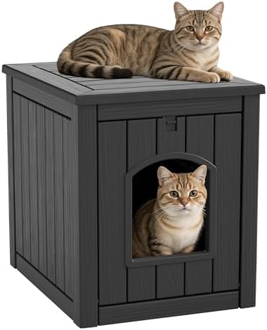 Cat Litter Box Enclosure, Openable Front Door Outdoor Enclosed Cat Litter Box, Outdoor Cat House Weatherproof Raised Floor, Easy to Clean, Black