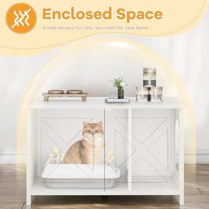 Shintenchi Cat Litter Box Enclosure, Litter Box Furniture Cabinet Hidden with Removable Divider, Wooden Cat House with End Table, White, 31.5 inch